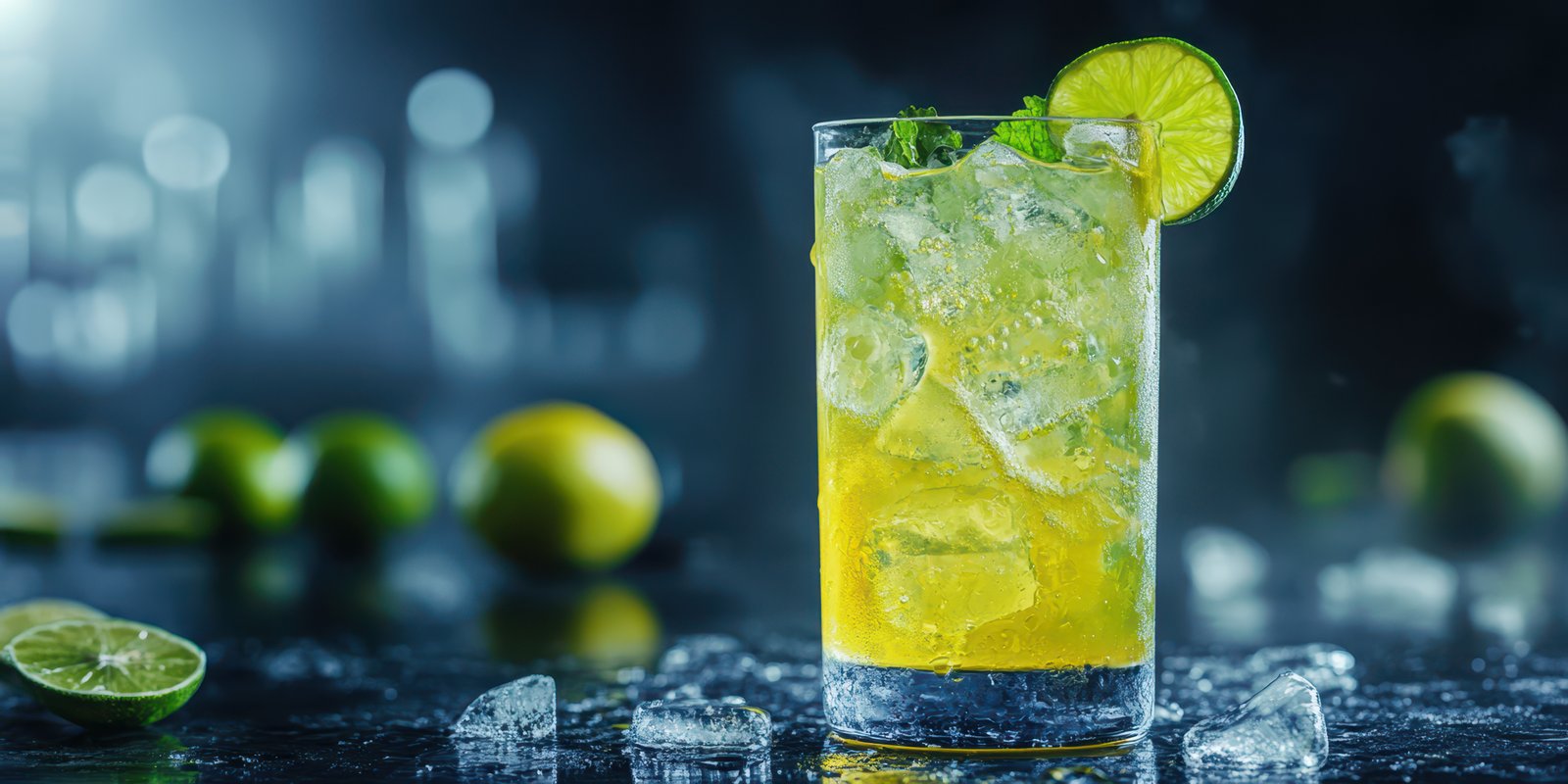 Refreshing cocktail with lime and mint served in a clear glass on a dark background